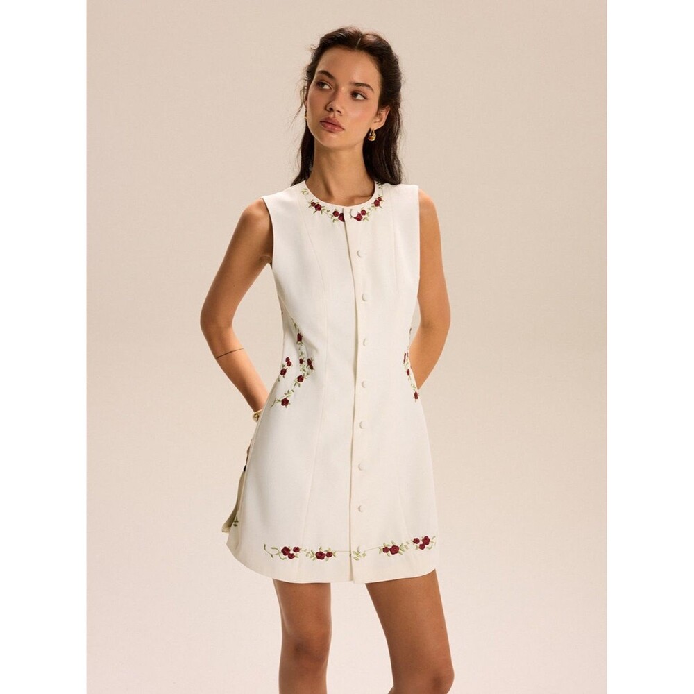 Commense White Embroidered Floral Button Front Mini Dress Size XL
